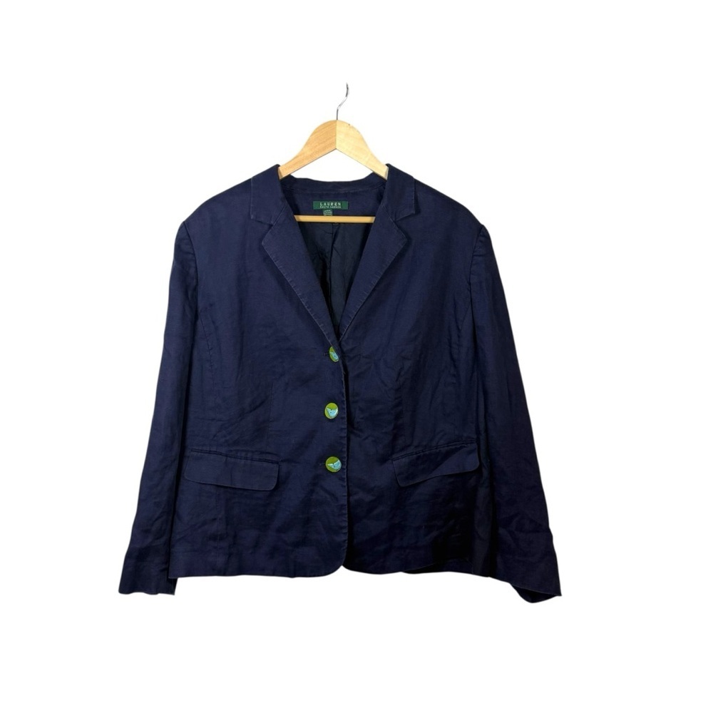 VINTAGE Lauren Ralph Lauren Women’s Linen Blazer Novelty Bird Buttons Navy 18W